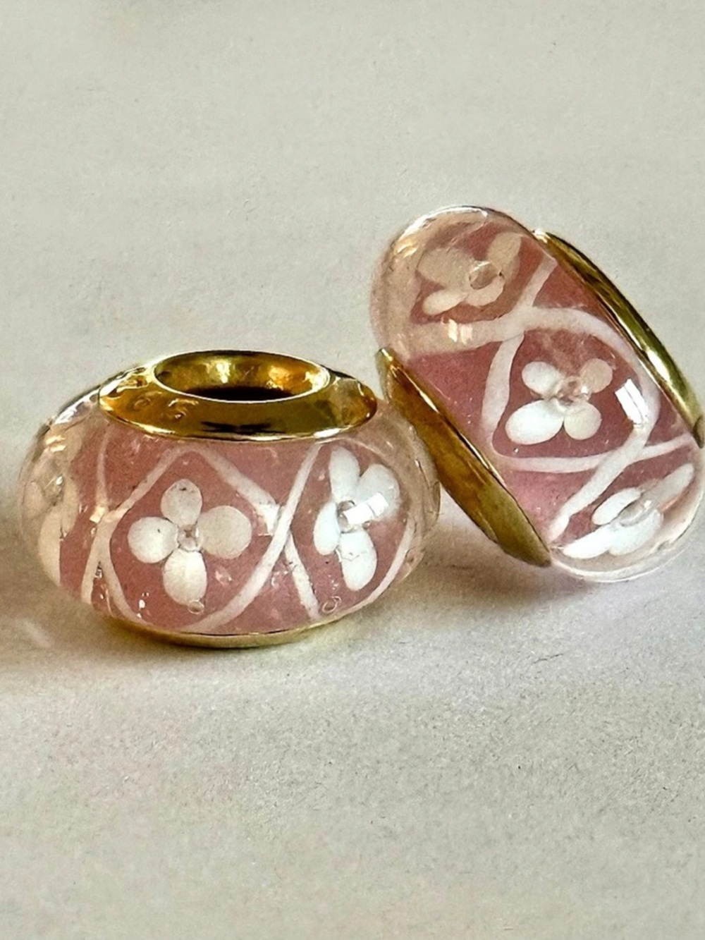 Pink and white Flowers Murano Glass Charms set-Gold Core-fit Pandora Bracelet